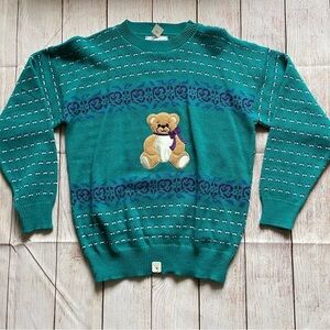 Vintage Aqua Blue Teddy Bear Acrylic Sweater Medium with tags